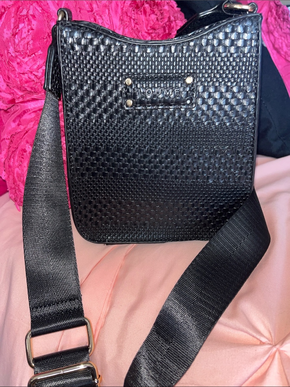 Black Woven Crossbody Bag with Wide Strap